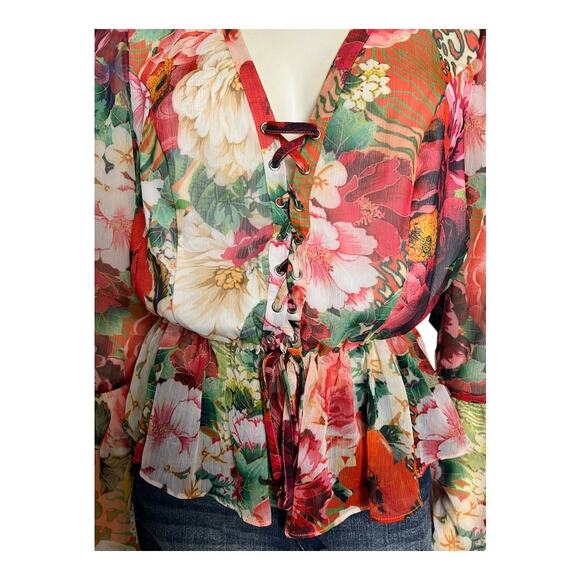 NWT Guess Long Sleeve Demi Blouse Peony Animal Print Women's Size XS Boho Flower - Picture 5 of 10